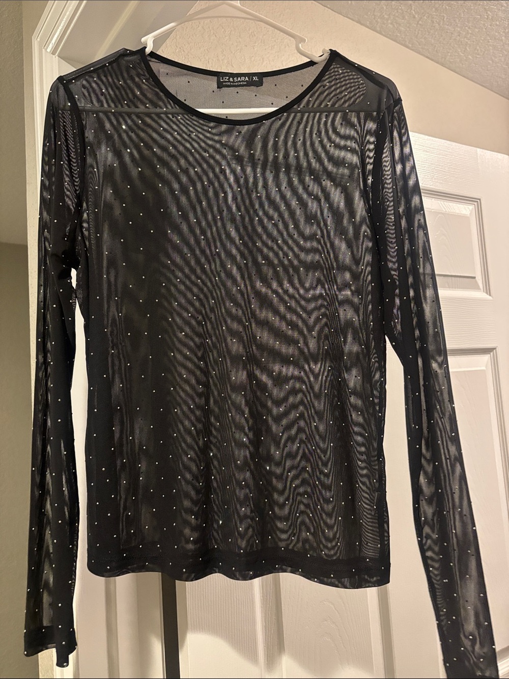 Liz & Sara Black Sheer Long-Sleeve Mesh Top with Rhinestone Detail